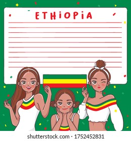 Notebook Template with Pretty Girls holding national flag : Ethiopia : Vector Illustration