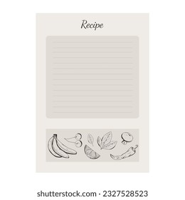 Notebook template for recipes. Hand drawn vector illustration with fruits and vegetables.