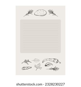 Notebook template for recipes. Hand drawn vector illustration with fruits, Herbs, and vegetables.