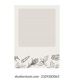 Notebook template for recipes. Hand drawn vector illustration with fruits, Herbs, and vegetables.