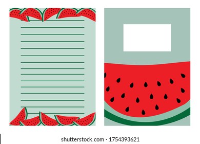 Notebook template set, with hand drawn watermelon.
Good for booklet cover, scarpbook, diary, flyer note design. Vector editable notebook cover.