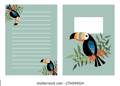 Notebook template set, with hand drawn toucan bird and palm leaves.
Good for booklet cover, scarpbook, diary, flyer note design. Vector editable notebook cover.