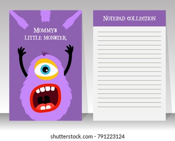 Notebook template for teenagers with cartoon fluffy monster, vector illustration