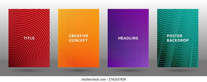 Notebook templates vector collection. Flat halftone pattern covers. Title pages with halftone texture geometric design. Gradient business cover page layouts. Dynamic backgrounds.