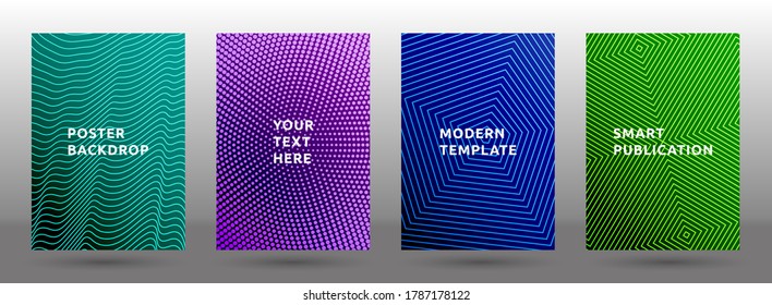 Notebook templates vector collection. Hipster halftone pattern covers. Title pages with halftone texture geometric design. Gradient publication cover page layouts. Dynamic composition backgrounds.