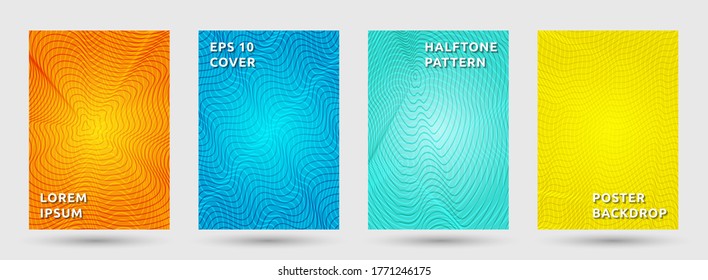 Notebook templates vector collection. Modern halftone pattern covers. Front pages with halftone waves texture geometric design. Gradient curve waves cover page layouts. Dynamic patterns.