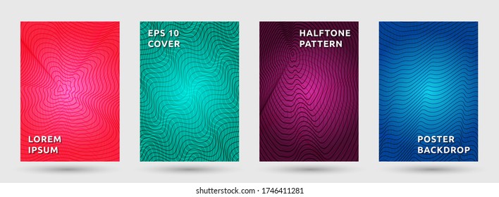 Notebook templates vector collection. Trendy halftone pattern covers. Front pages with halftone waves texture geometric design. Gradient curves cover page layouts. Dynamic patterns.