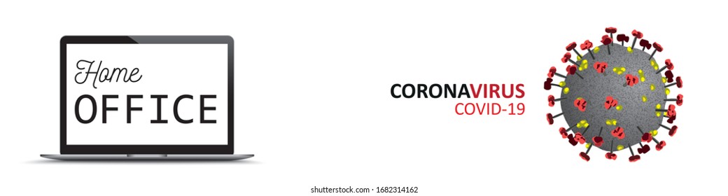 Portátil con el texto Home Office y Coronavirus en el fondo blanco. Archivo vectorial Eps 10.
