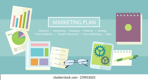 Notebook with text marketing plan, research, advertising, branding, publicity, strategy, public relations, product placement, direct marketing and sales on table with office objects