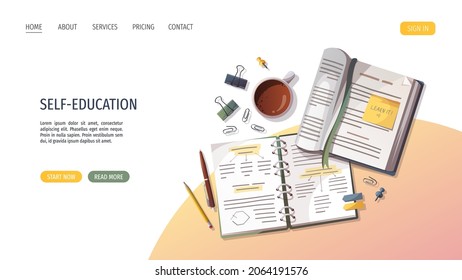 Notebook, textbook and study supplies. Studying, education, learning, back to school, student, stationery concept. Vector illustration for poster, banner, website, advertising.