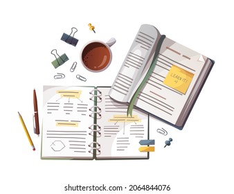 Notebook, textbook and study supplies. Studying, education, learning, back to school, student, stationery concept. Isolated vector illustration for poster, banner,  advertising.