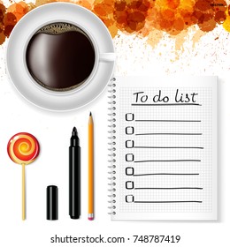 Notebook with a to-do list, a cup of coffee and a lollipop on a white background with grunge stains.