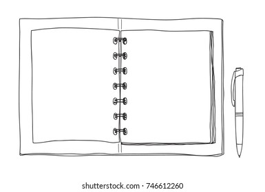 notebook top view  and pen hand drawn vector line art illustration