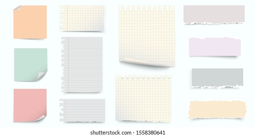 Notebook torn pages sheets, color notes paper and pieces of ripped paper. Lined notebook page with ragged edges. Different torn ragged paper pieces. Realistic vector set of paper pieces