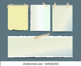 Notebook torn pages stuck with sticky tape on dark background. Set of ripped paper pieces for notes. Vector illustration
