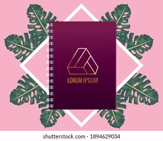 notebook with triangle emblem mockup with leafs vector illustration design