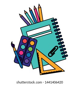 notebook triangle ruler color palette paintbrush clip back to school vector illustration