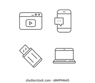 Notebook, USB flash drive and Browser window line icons. Smartphone communication sign. Computer devices. Quality design elements. Editable stroke. Vector