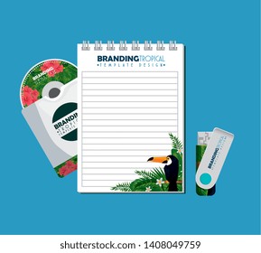 notebook with usb memory and cd envelope with tropical design