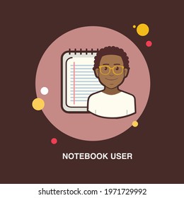 notebook user with young boy wearing spectacles flat concept design