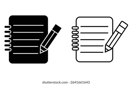 Notebook vector, icon design with pen, pencil. Silhouette of notebook, dairy, practical copy, workbook, children's coloring book symbol for web design or mobile app, UI, UX. Vector illustration.
