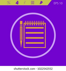 Notebook vector  icon with a pencil on a violet background. Flat design style.