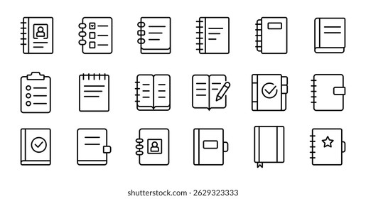 Notebook vector icon set. Outline drawing notebooks line clipart symbol. Line series - Editable Stroke.	
