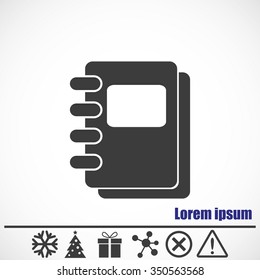Notebook vector icon.Bonus icons: snowflake, Christmas tree,gift,molecule,delete icon and Hazard warning attention sign.