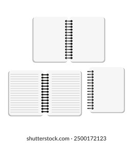 Notebook vector icons. Open and closed. Spiral binding. Lined and blank.