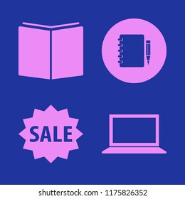 notebook vector icons set. with laptop, open book, notebook pencil and sale in set