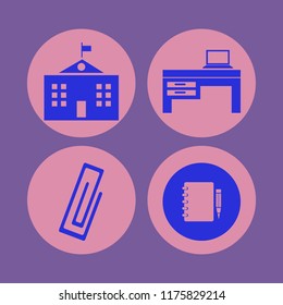 notebook vector icons set. with paper clip, notebook pencil, laptop desk and university campus in set