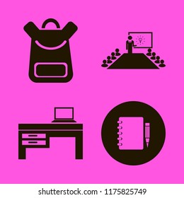 notebook vector icons set. with present new idea, laptop desk, school book bag and notebook pencil in set