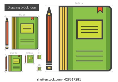 Notebook vector line icon isolated on white background. Outlined by pixel notebook icon with size options. Ready to export notebook icon for infographic, website or app. Layered and organized.