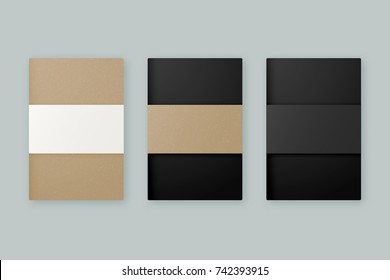 Notebook vector mockup set. Brown kraft paper and black notebook magazine templates with paperback cover and dust jacket wrapper with copyspace