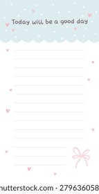 Notebook vertical background vector for motivational checking list stories. Cute planner template with hearts, inspirational quote text and polka dot scalloped border for phone wallpaper
