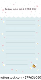 Notebook vertical background vector for motivational checking list stories. Cute planner template with daisy flowers, funny bee, inspirational quote text for kawaii phone wallpaper