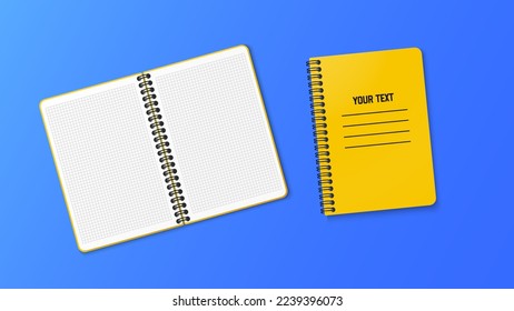 A notebook with a vertical spring. Notepad in a cage grid with a white sheet. Vector illustration on blue background