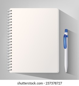 Notebook with white ballpoint pen. Vector illustration