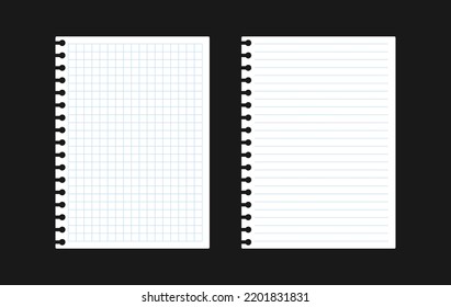 Notebook white paper sheet illustration. Blue cage, liner paper template. Planner torn sheet mockup. Perforated blank page isolated on background. Vector pen write message backdrop. Office cage note