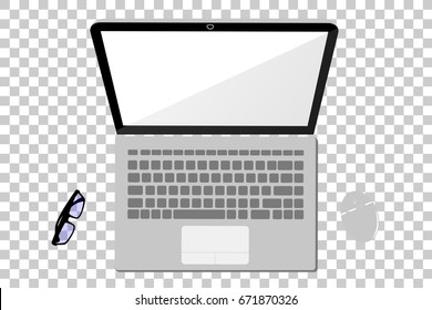 Notebook, Wireless Mouse and Eyeglass, View from Top at transparent effect Background