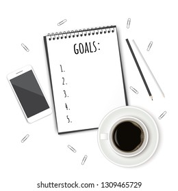 Notebook with wish list on white rustic table, flat lay style. Planning concept.