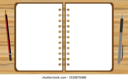 Notebook in wood grain background for copy space , message, information, text , advertisement , announcement and other. copy space mockup template display