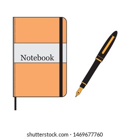 Notebook with the word "notebook" and a pen. Flat vector icon. Isolated on a white background. Vector graphics. There is a place for text. Vector illustration. Copy space. Business, school concept.