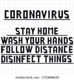 Notebook and words about the virus, flu. Coronovirus graphic design. Black background. Logo element for web developers. Words stay home, wash your hands, follow distance, disinfect things.