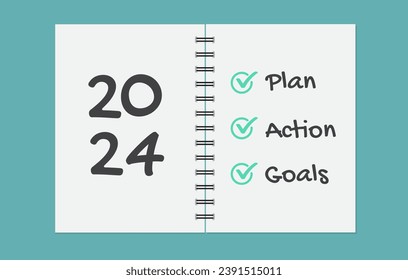 Notebook with the words goals 2024. plan, Action. Checklist of new year goals 2024. Vector illustration.