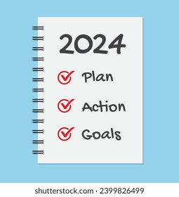 Notebook with the words goals 2024. plan, Action. Checklist of new year goals 2024. Vector illustration.