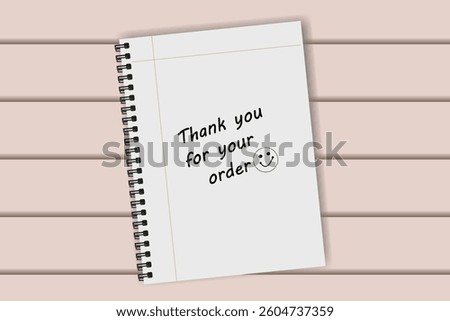 Notebook with the words Thank you for your order on a wooden table, vector illustration design background