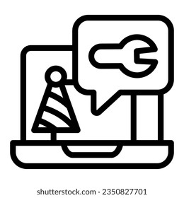 Notebook with wrench and traffic cone line icon, labour day concept, ordering service online sign on white background, chat with wrench screen icon outline style. Vector graphics.