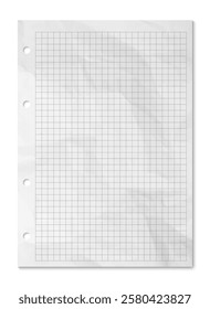 Notebook wrinkled sheet paper with holes and shadow, grey checkered graph editable stroke. Vector