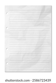 Notebook wrinkled sheet paper with holes and shadow, grey lined editable stroke. Vector